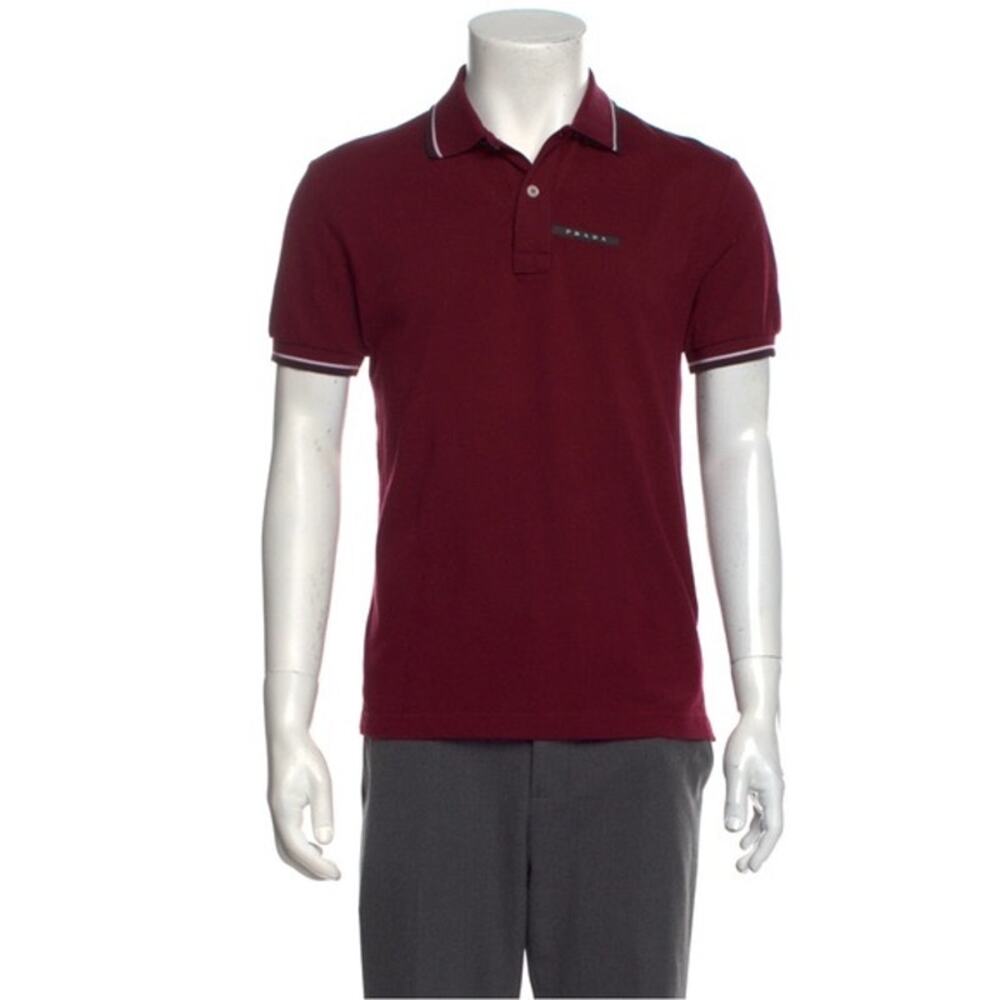 PRADA Polo Shirt M ITALY Burgundy Logo-Red-Tab-Classic Stripe-Hem Short-Sleeve